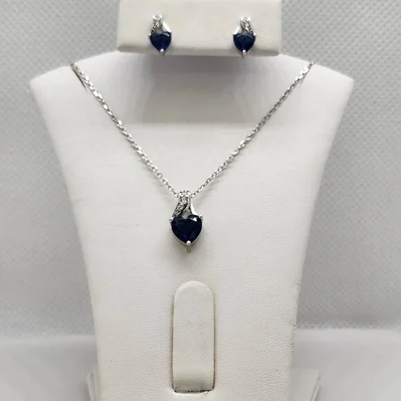 Brand New Sterling Silver 925 Blue Heart Gemstone 2pc Set - Picture 1 of 6